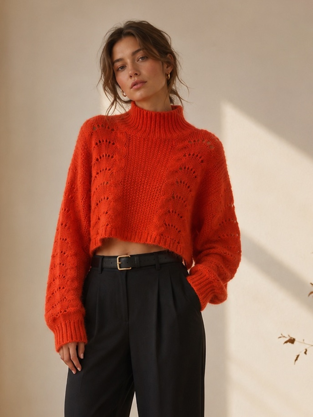 Free People Mohair Blend Pointelle Cropped Sweater Orange | M